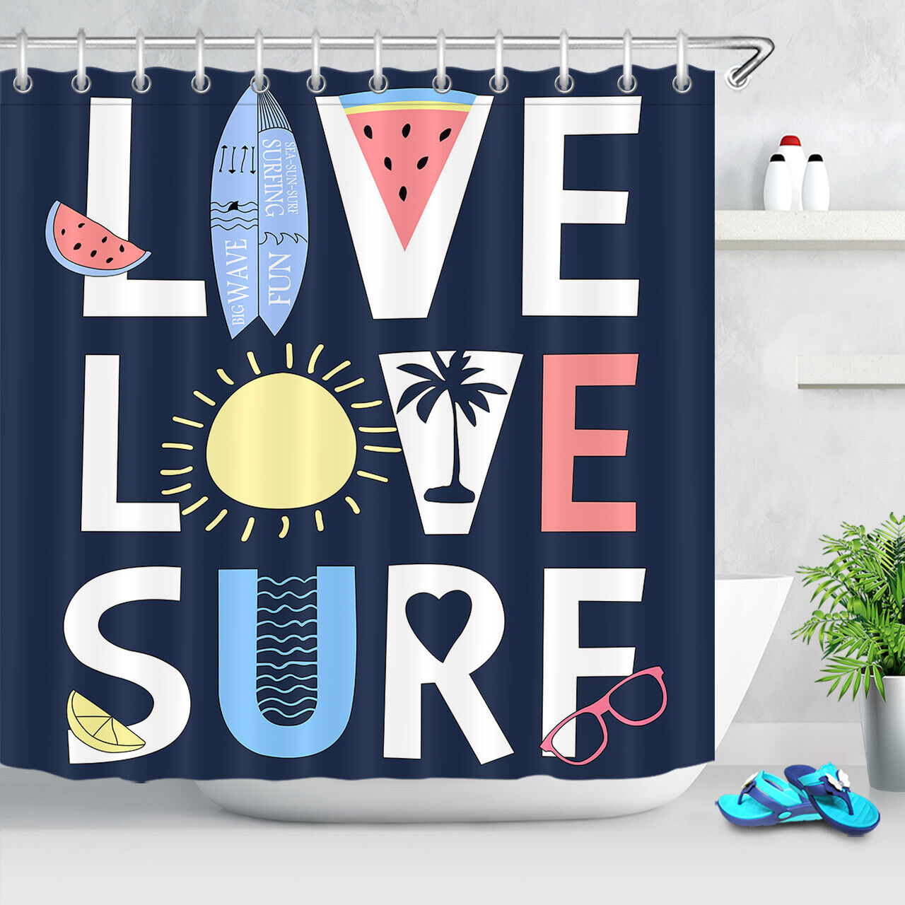 Scenic Tropical Ocean Surfing Shower Curtain, Fabric for Bathroom Decor