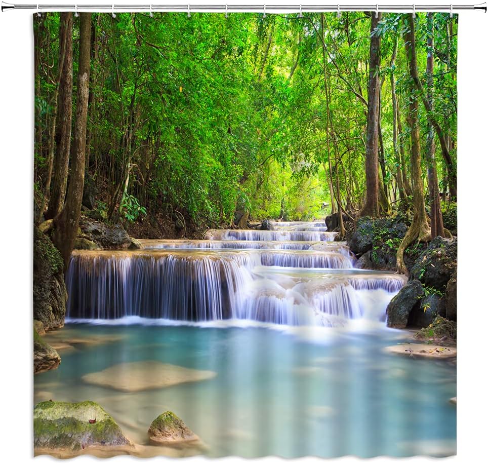 Scenic Waterfall Forest Printed Shower Curtain For Bathroom Decor