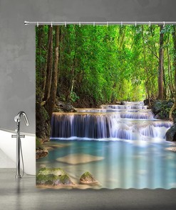 Scenic Waterfall Forest Printed Shower Curtain For Bathroom Decor