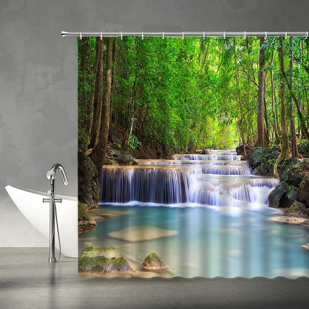 Scenic Waterfall Forest Printed Shower Curtain For Bathroom Decor