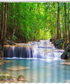 Scenic Waterfall Forest Printed Shower Curtain For Bathroom Decor