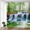 Scenic Waterfall Jungle Shower Curtain with Nature Green Forest and Spa Water for Relaxing Bathroom Decor