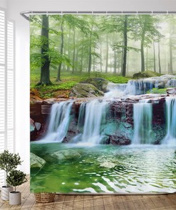 Scenic Waterfall Jungle Shower Curtain with Nature Green Forest and Spa Water for Relaxing Bathroom Decor