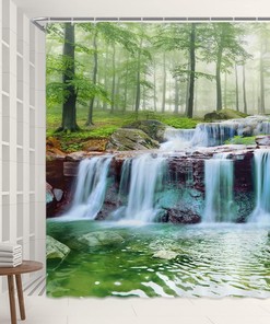 Scenic Waterfall Jungle Shower Curtain with Nature Green Forest and Spa Water for Relaxing Bathroom Decor