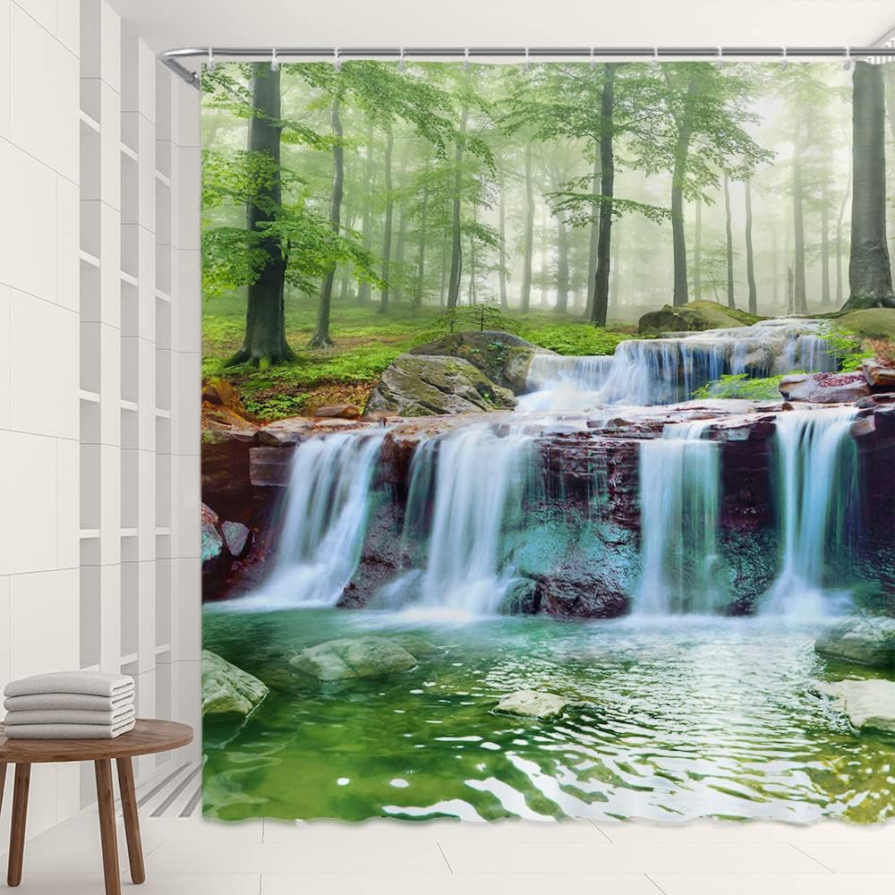 Scenic Waterfall Jungle Shower Curtain with Nature Green Forest and Spa Water for Relaxing Bathroom Decor