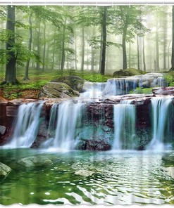 Scenic Waterfall Jungle Shower Curtain with Nature Green Forest and Spa Water for Relaxing Bathroom Decor