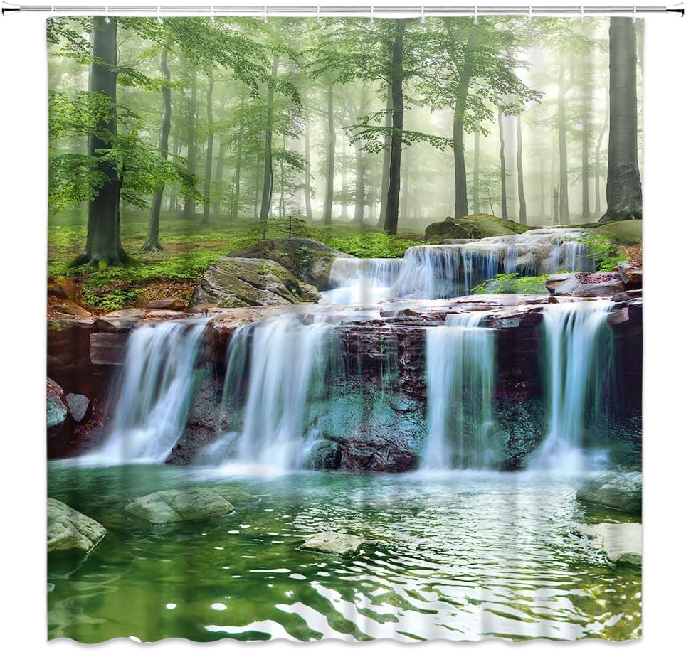 Scenic Waterfall Jungle Shower Curtain with Nature Green Forest and Spa Water for Relaxing Bathroom Decor