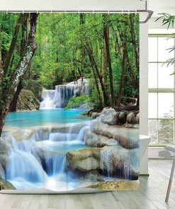 Scenic Waterfall Shower Curtain, Forest Rainforest Green Trees Lake Natural Landscape Bathroom Decorative Fabric