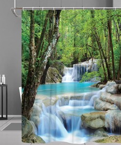 Scenic Waterfall Shower Curtain, Forest Rainforest Green Trees Lake Natural Landscape Bathroom Decorative Fabric