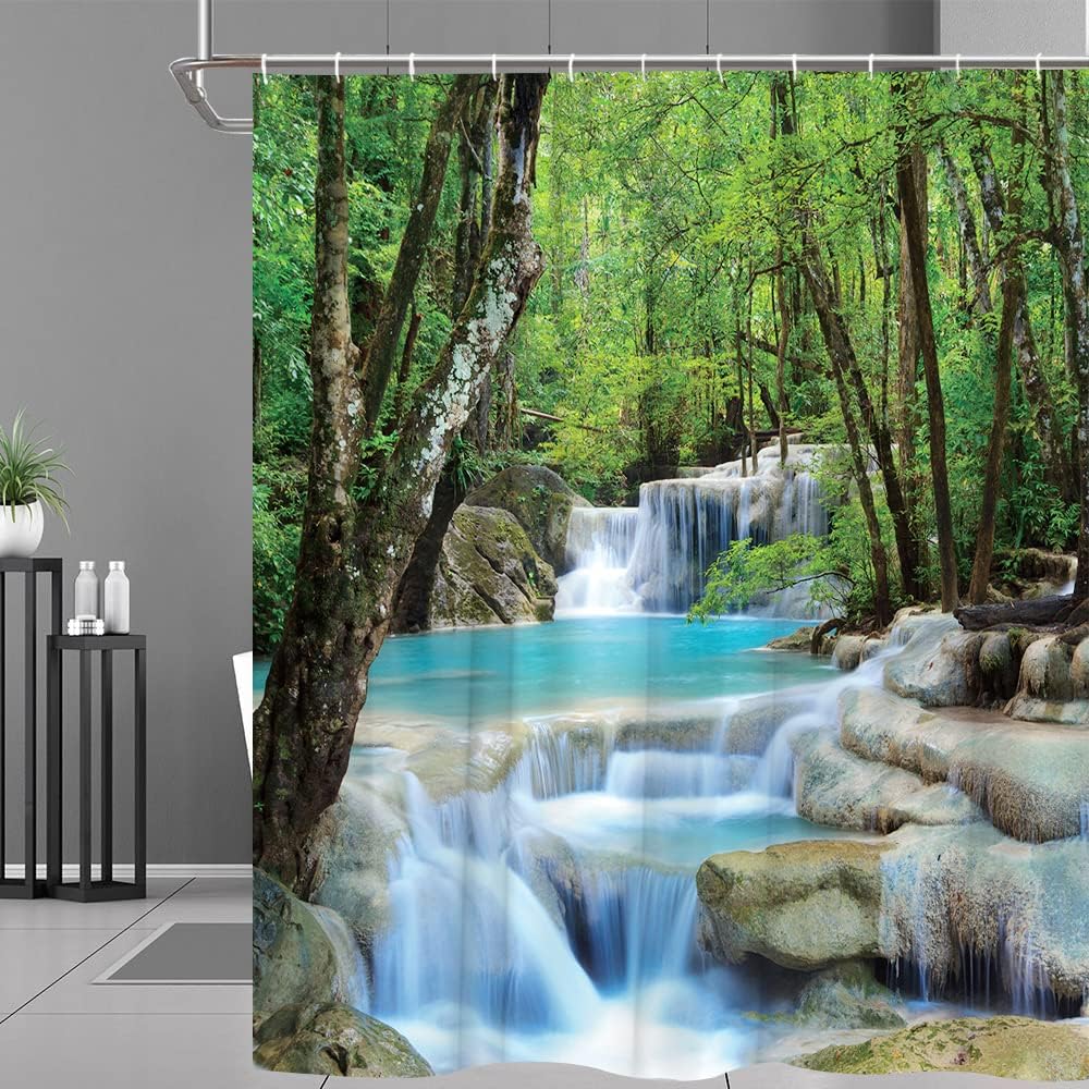 Scenic Waterfall Shower Curtain, Forest Rainforest Green Trees Lake Natural Landscape Bathroom Decorative Fabric