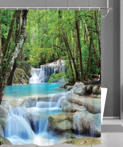 Scenic Waterfall Shower Curtain, Forest Rainforest Green Trees Lake Natural Landscape Bathroom Decorative Fabric