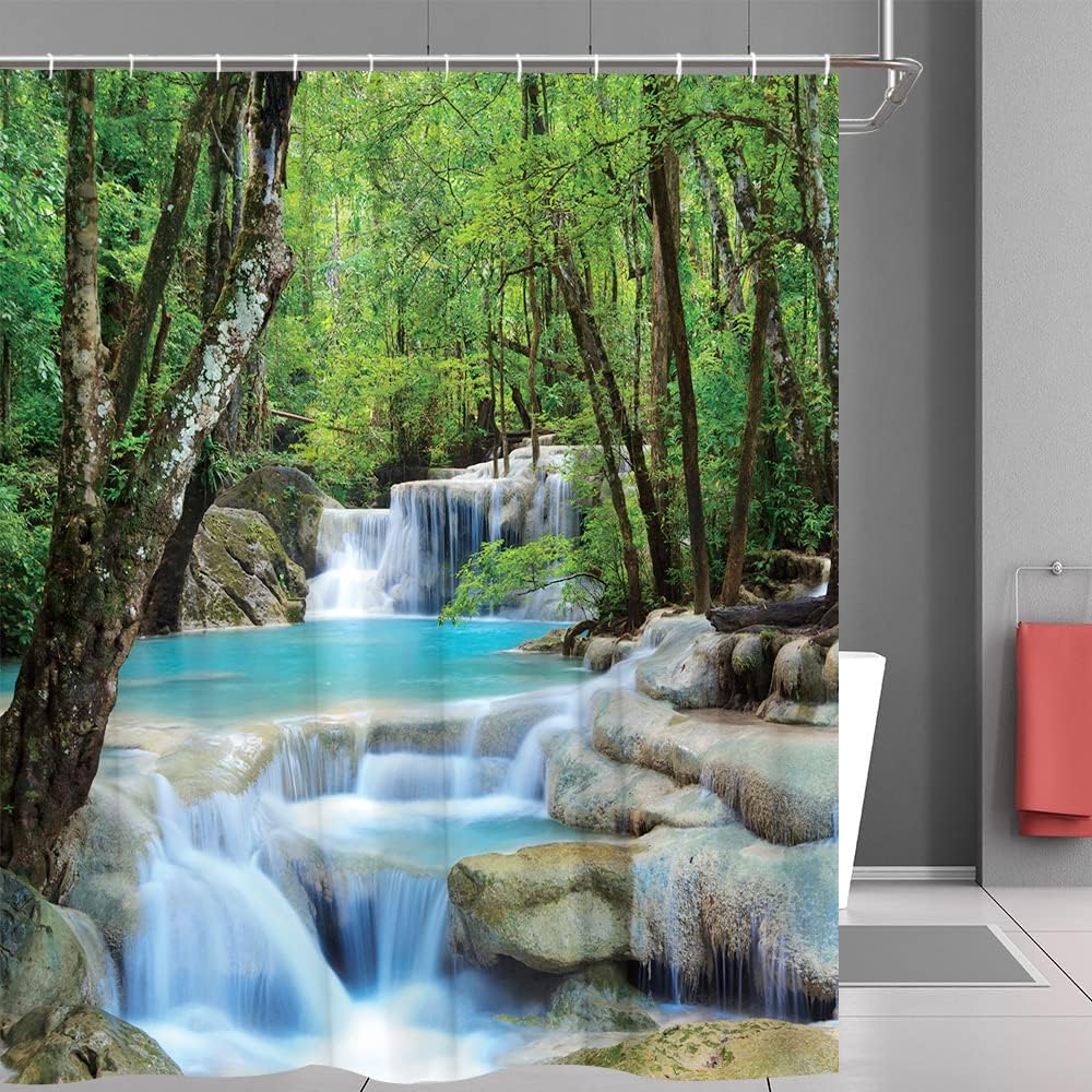 Scenic Waterfall Shower Curtain, Forest Rainforest Green Trees Lake Natural Landscape Bathroom Decorative Fabric