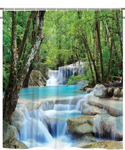 Scenic Waterfall Shower Curtain, Forest Rainforest Green Trees Lake Natural Landscape Bathroom Decorative Fabric