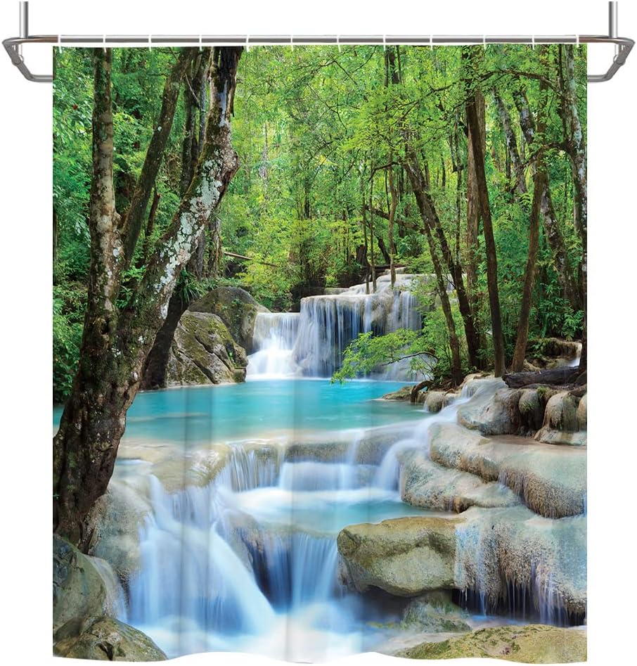 Scenic Waterfall Shower Curtain, Forest Rainforest Green Trees Lake Natural Landscape Bathroom Decorative Fabric