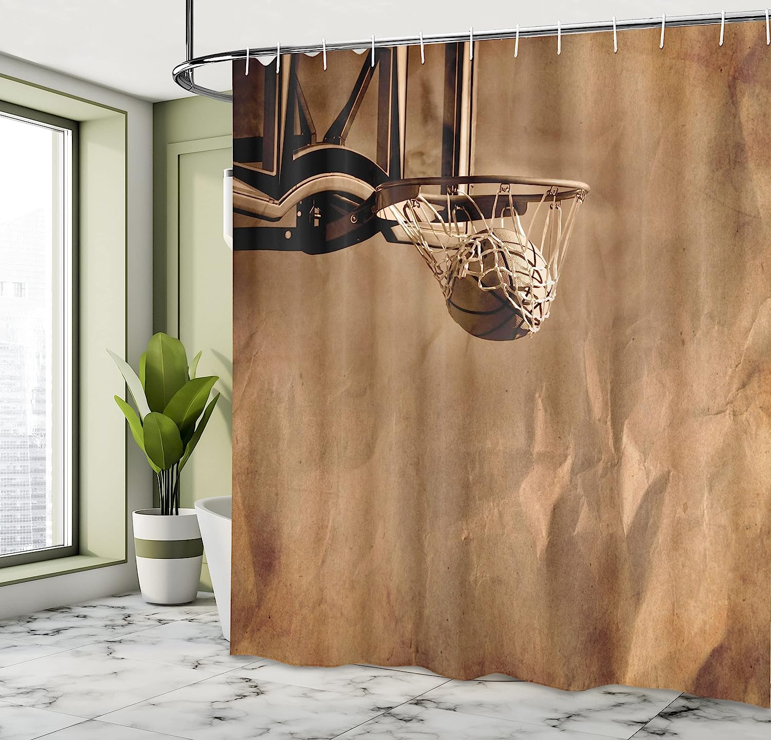 Scoring Sports Competition Basketball Shower Curtain In Sepia - Image 4