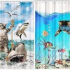 Sea Animal Bathroom Shower Curtain - Funny Cat Riding Shark In Ocean With Marine Life