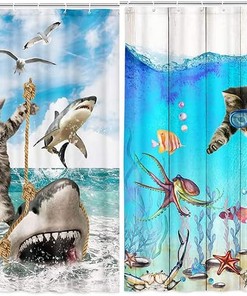 Sea Animal Bathroom Shower Curtain - Funny Cat Riding Shark In Ocean With Marine Life