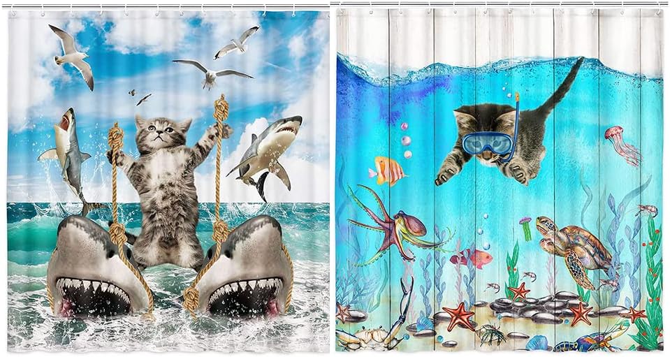 Sea Animal Bathroom Shower Curtain - Funny Cat Riding Shark In Ocean With Marine Life