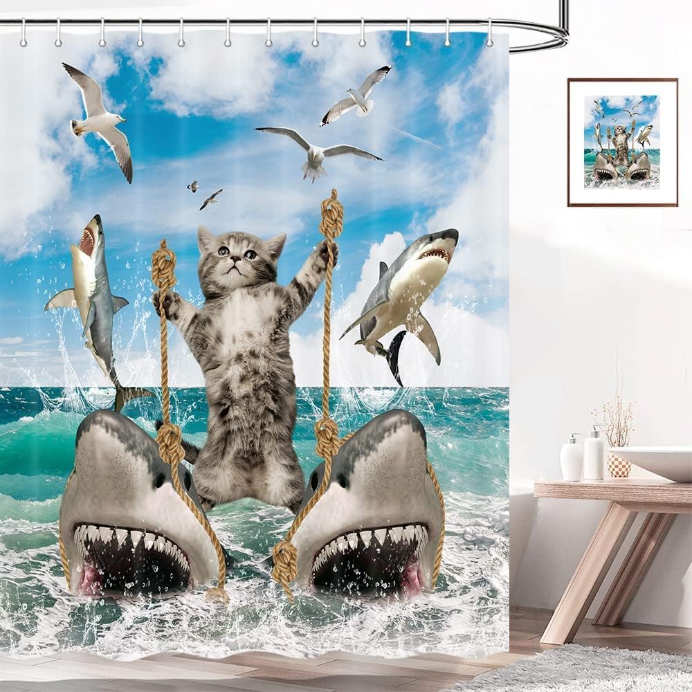 Sea Animal Bathroom Shower Curtain - Funny Cat Riding Shark In Ocean With Marine Life