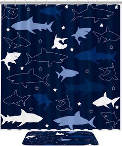 Sea Animal Shark Picture Printed Bathroom Tub Set With Waterproof Fabric Shower Curtain.