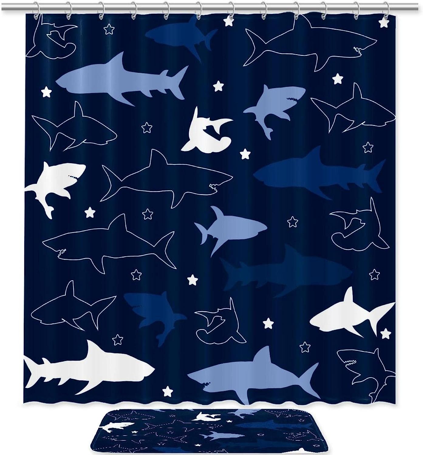 Sea Animal Shark Picture Printed Bathroom Tub Set With Waterproof Fabric Shower Curtain.