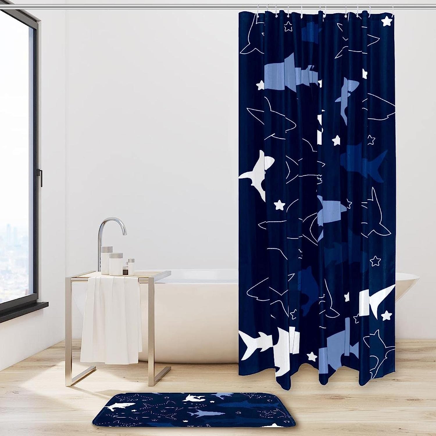 Sea Animal Shark Picture Printed Bathroom Tub Set With Waterproof Fabric Shower Curtain. - Image 2