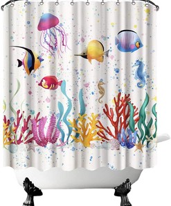 Sea Animal Shower Curtain Fish Seaweed Seahorse Corals Algae Jellyfish Bubbles Ocean Life Summertime Bath Curtain