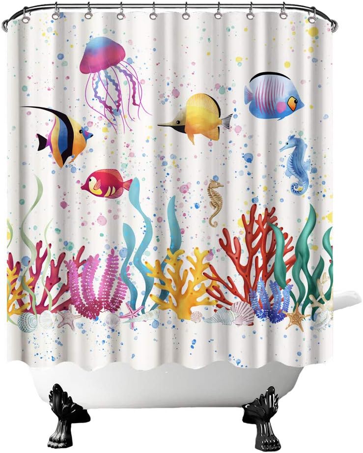 Sea Animal Shower Curtain Fish Seaweed Seahorse Corals Algae Jellyfish Bubbles Ocean Life Summertime Bath Curtain