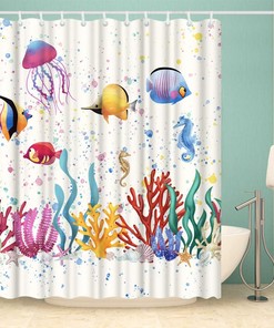 Sea Animal Shower Curtain Fish Seaweed Seahorse Corals Algae Jellyfish Bubbles Ocean Life Summertime Bath Curtain
