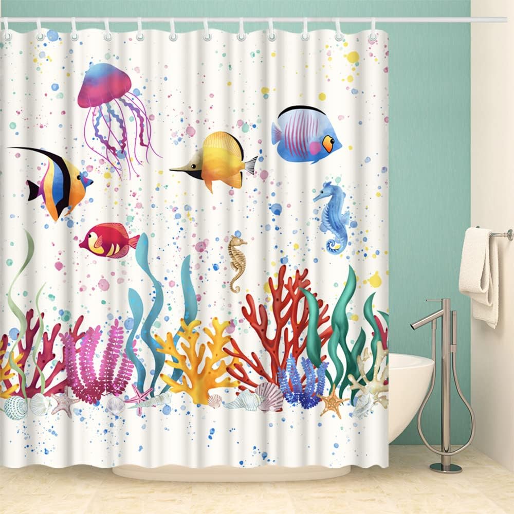 Sea Animal Shower Curtain Fish Seaweed Seahorse Corals Algae Jellyfish Bubbles Ocean Life Summertime Bath Curtain