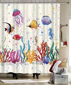 Sea Animal Shower Curtain Fish Seaweed Seahorse Corals Algae Jellyfish Bubbles Ocean Life Summertime Bath Curtain