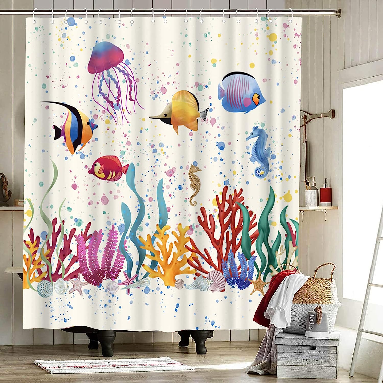 Sea Animal Shower Curtain Fish Seaweed Seahorse Corals Algae Jellyfish Bubbles Ocean Life Summertime Bath Curtain