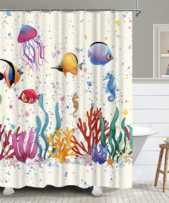 Sea Animal Shower Curtain Fish Seaweed Seahorse Corals Algae Jellyfish Bubbles Ocean Life Summertime Bath Curtain