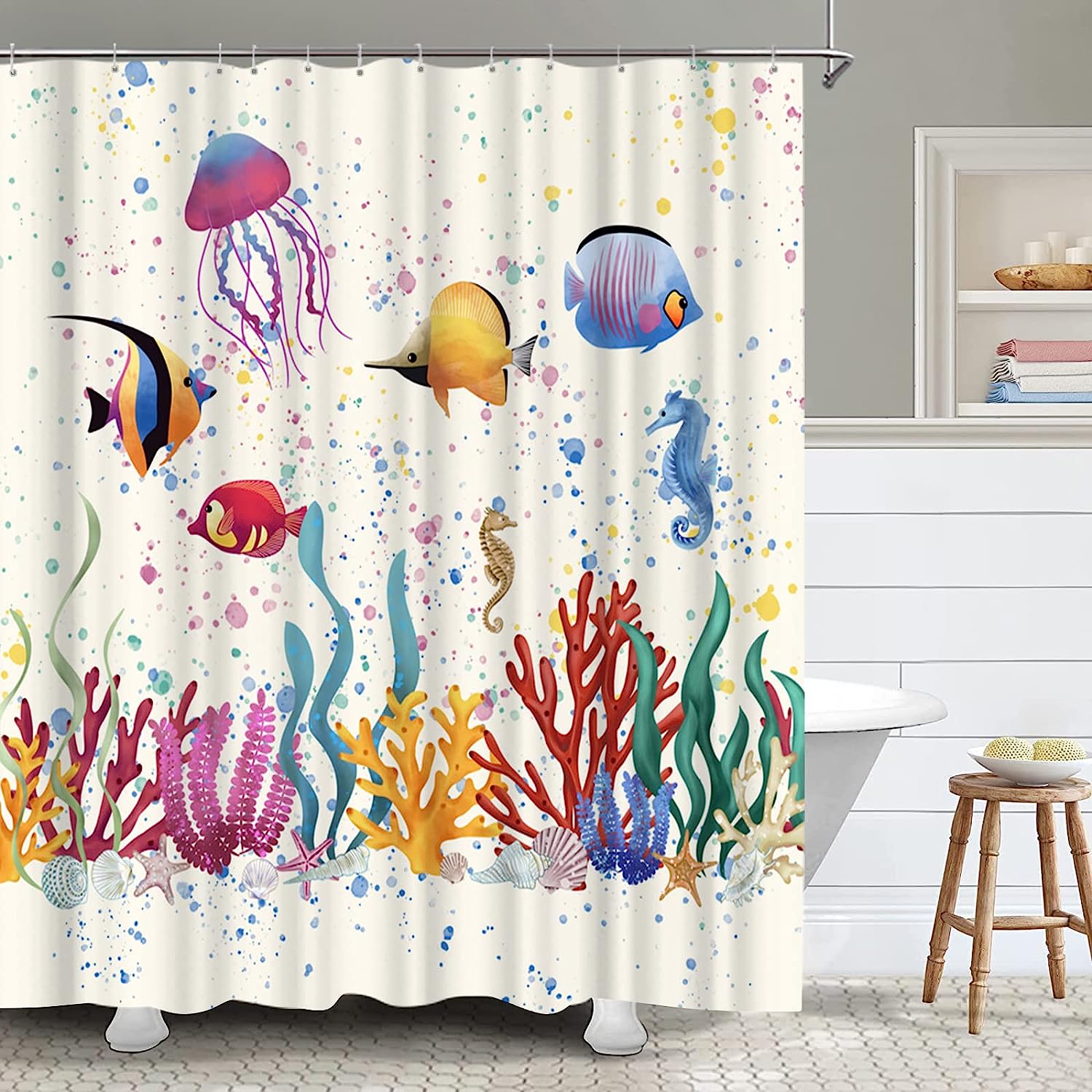 Sea Animal Shower Curtain Fish Seaweed Seahorse Corals Algae Jellyfish Bubbles Ocean Life Summertime Bath Curtain