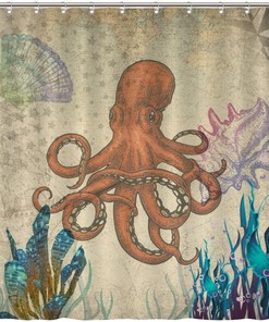 Sea Animal Vintage Shower Curtain with Octopus and Conch - Retro Bath Curtain for Hotel or Restroom