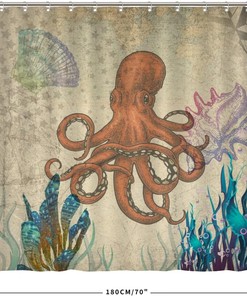 Sea Animal Vintage Shower Curtain with Octopus and Conch - Retro Bath Curtain for Hotel or Restroom
