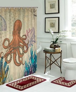Sea Animal Vintage Shower Curtain with Octopus and Conch - Retro Bath Curtain for Hotel or Restroom