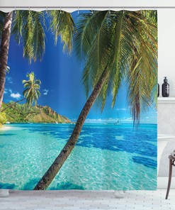 Sea Beach Palm Trees Print Shower Curtain for a Coastal Bathroom