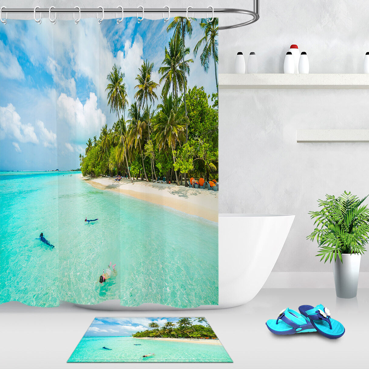 Sea Beach Swimming Shower Curtain for Coastal Bathroom Decor