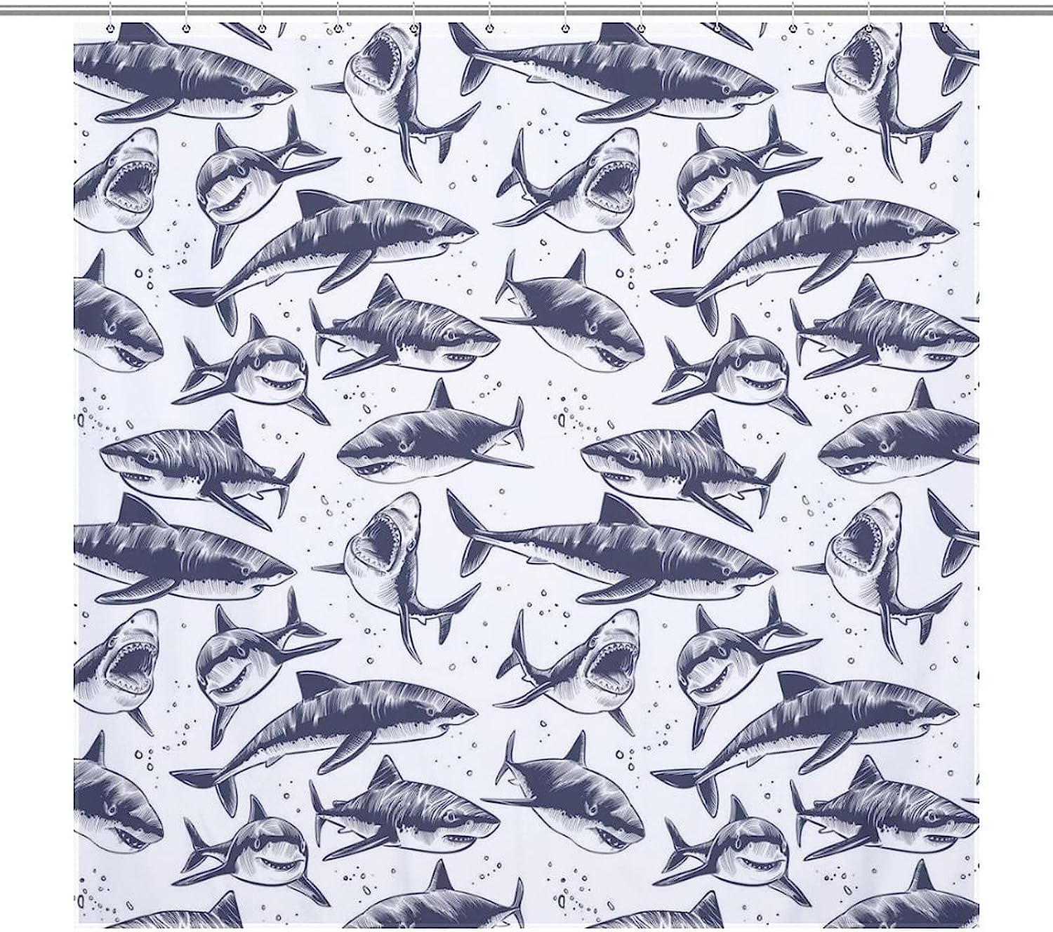 Sea Blue Sharks Waterproof Fabric Shower Curtain Set