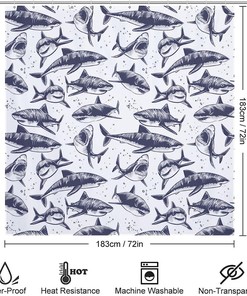 Sea Blue Sharks Waterproof Fabric Shower Curtain Set