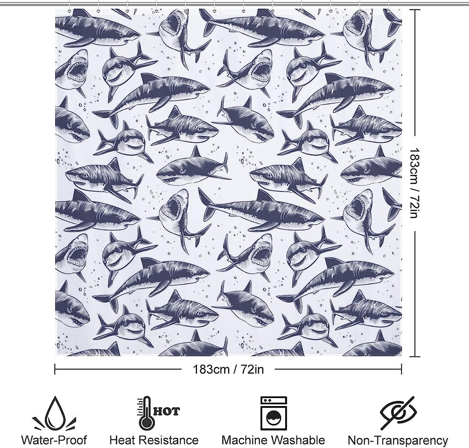 Sea Blue Sharks Waterproof Fabric Shower Curtain Set
