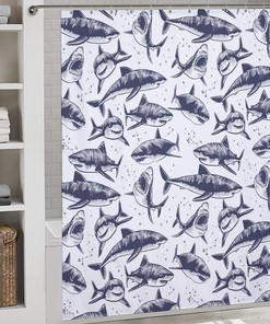 Sea Blue Sharks Waterproof Fabric Shower Curtain Set