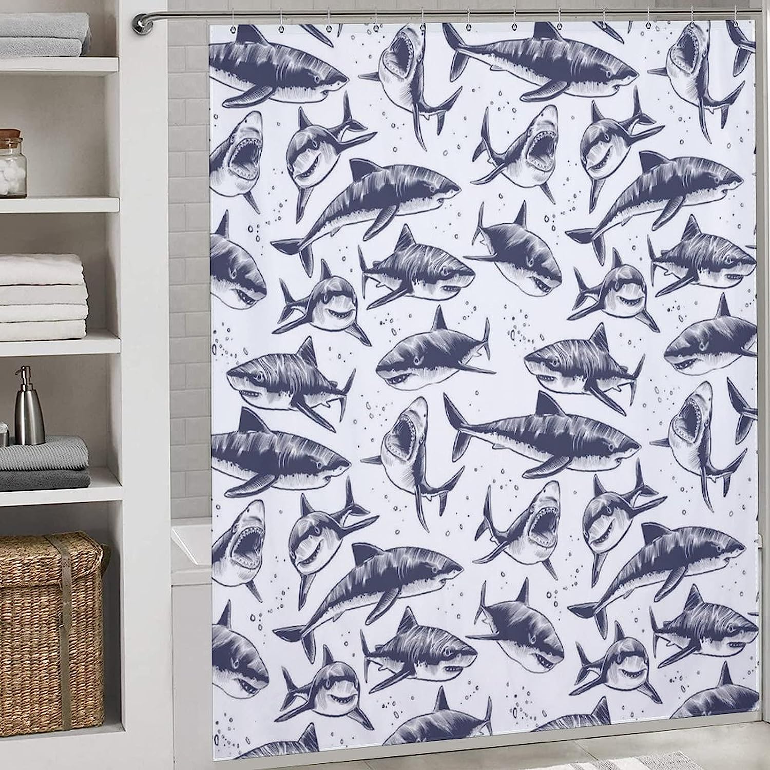Sea Blue Sharks Waterproof Fabric Shower Curtain Set