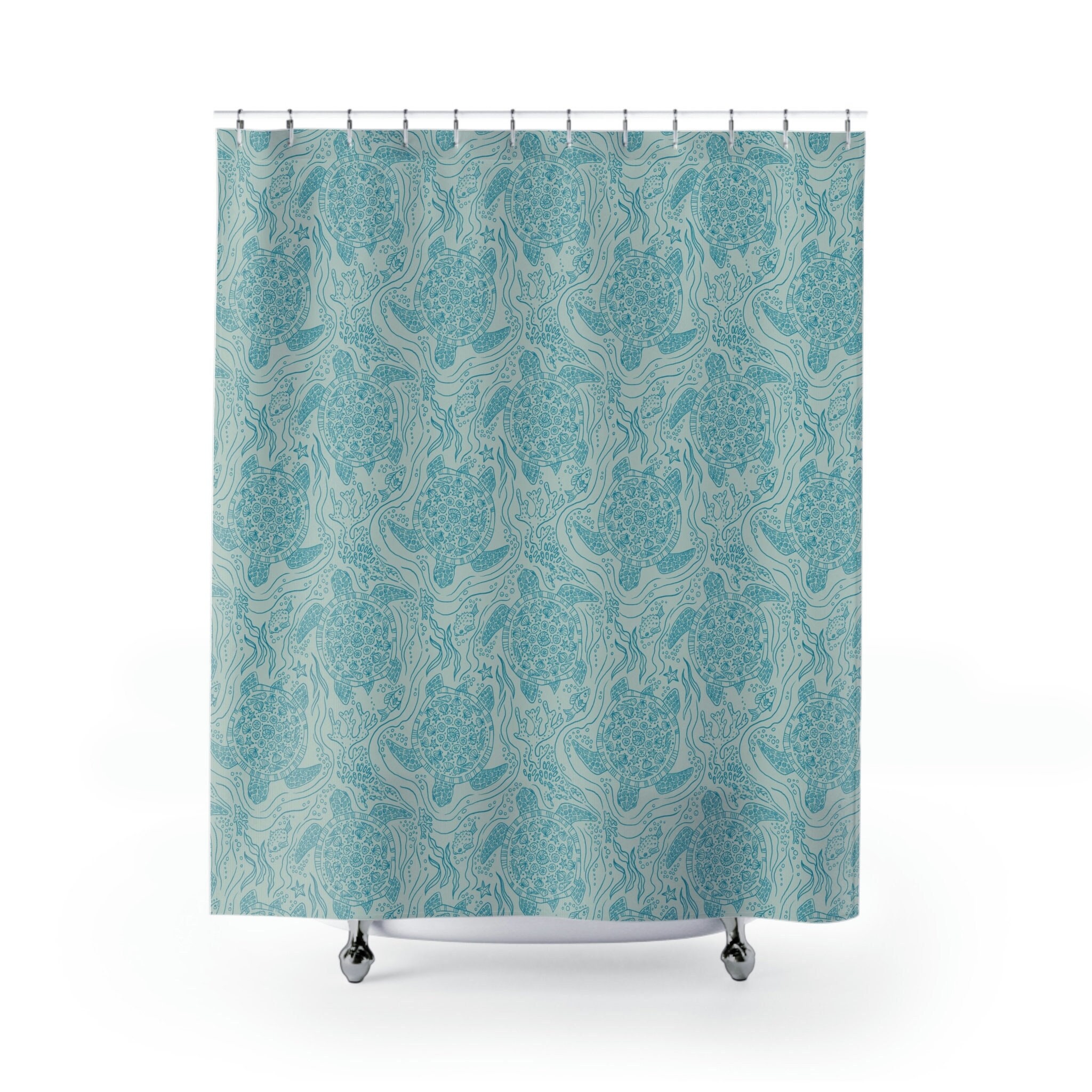 Sea Foam Green Shower Curtain with Lively Sea Turtle Print for Relaxing Bathroom Decor