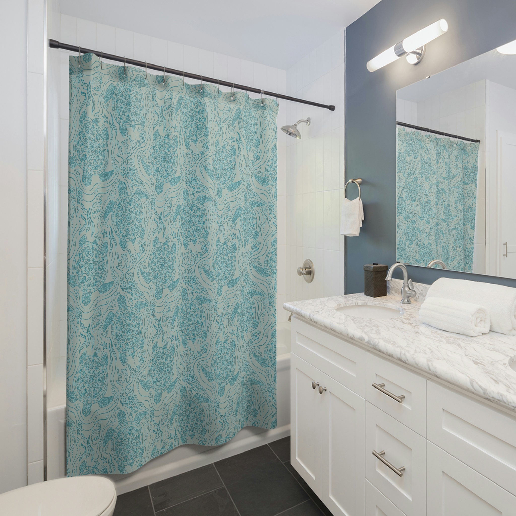 Sea Foam Green Shower Curtain with Lively Sea Turtle Print for Relaxing Bathroom Decor