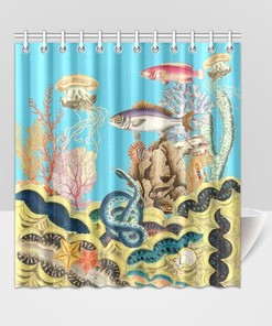 Sea Garden Bathroom Shower Curtains - Fish Coral Shells Snake Jelly Fish Star Fish 