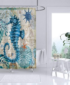 Sea Horse And Ocean Animal Beach Theme Shower Curtain For Coastal Bathroom Decor