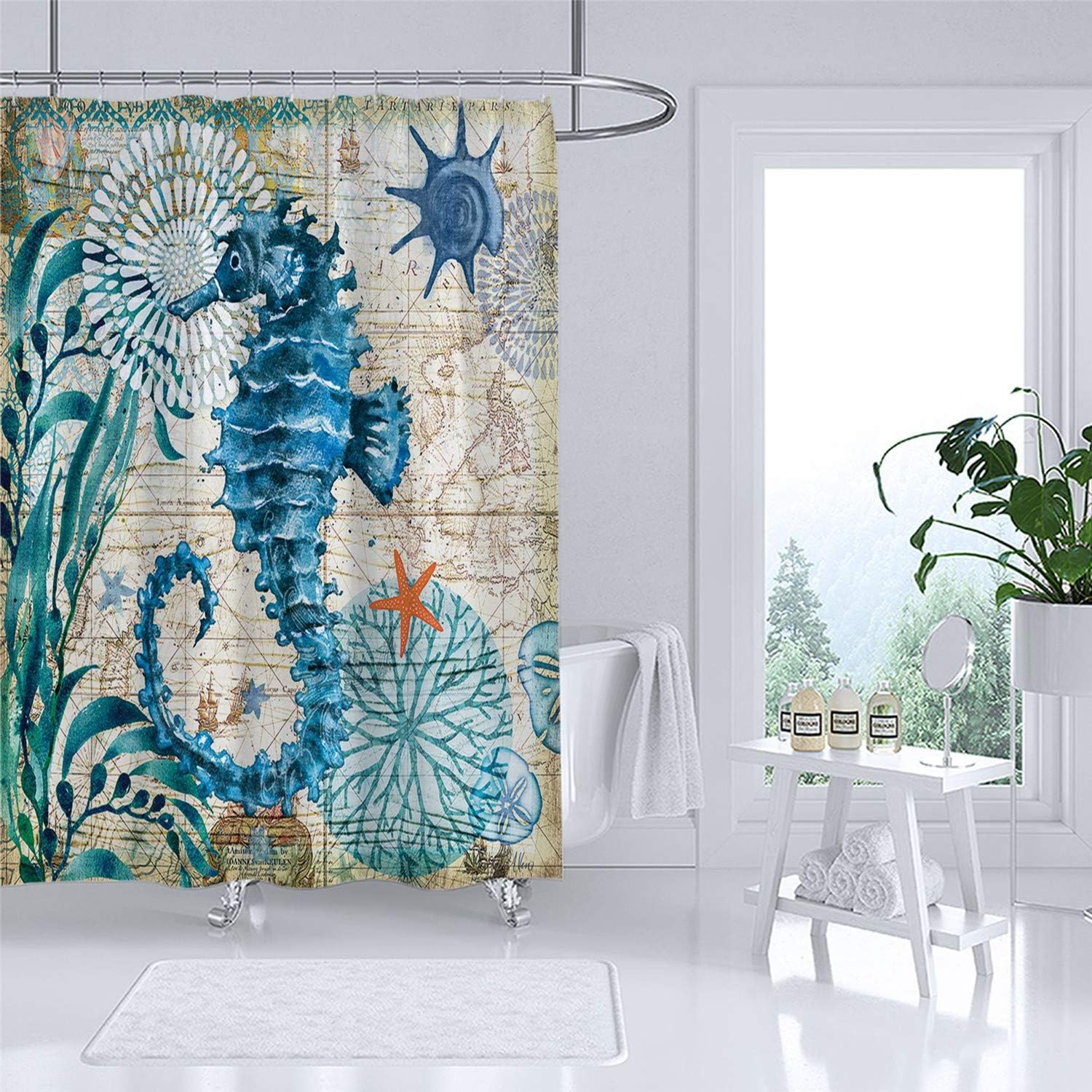 Sea Horse And Ocean Animal Beach Theme Shower Curtain For Coastal Bathroom Decor
