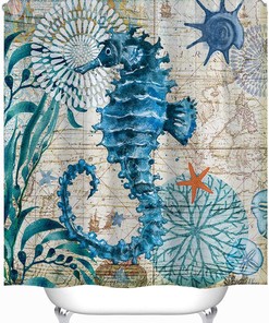 Sea Horse And Ocean Animal Beach Theme Shower Curtain For Coastal Bathroom Decor